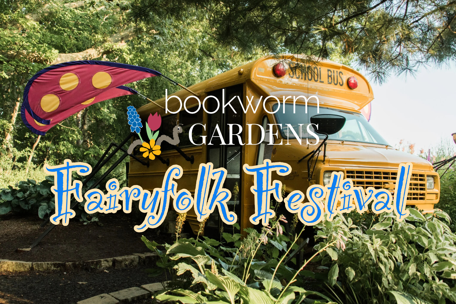Bookworm Gardens (host) logo with bus remade like a big